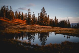 秋日山林中的静谧小湖