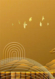 金色山水飞鸟中式意境图