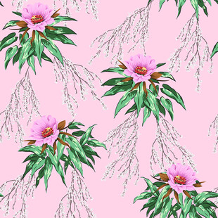粉色花卉绿叶水彩图案