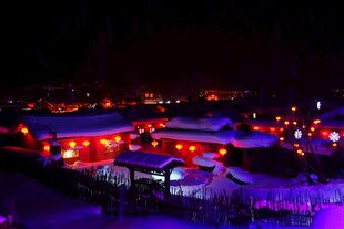 雪夜村落灯火璀璨景象