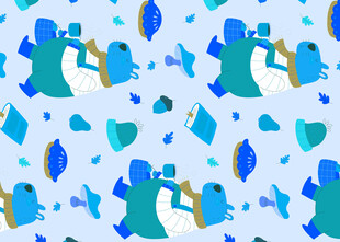 蓝色企鹅小鱼图案背景