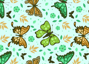 多彩蝴蝶与绿叶图案背景