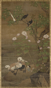 古画中的禽鸟与花卉场景