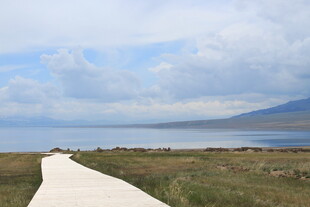 湖畔延伸的白色道路