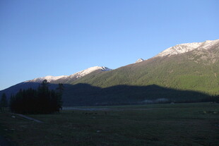 雪山下的开阔绿野风光
