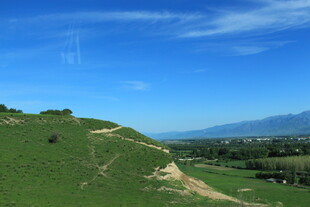 翠绿山坡与远处蓝天白云
