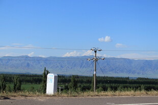 田园风光中的电线杆与远山