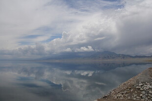 平静湖面映蓝天白云雪山