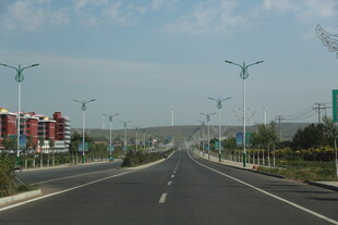 宽阔公路旁的多彩建筑