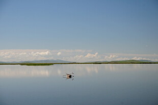 平静湖面单人泛舟美景