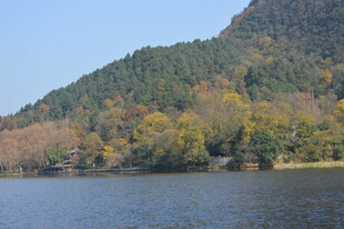 秋日山林旁的静谧湖水