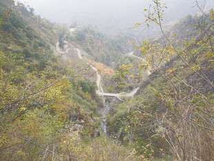 山间瀑布隐于葱郁植被间