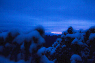 雪覆山林的静谧暮色