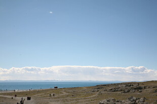 广阔草原上的蓝天与远海