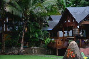 热带风情小屋前的人物