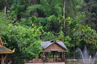 山林中的精致凉亭与喷泉