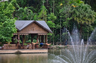 湖畔木屋旁的喷泉景致