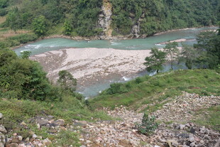 山间河流与葱郁植被景观