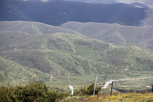 山间风车与葱郁山峦景色