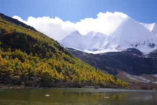 雪山下的多彩山林湖泊