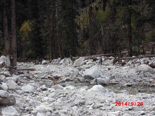 山间碎石遍布的溪流场景