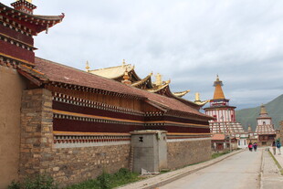 藏式古建筑旁的行人街道