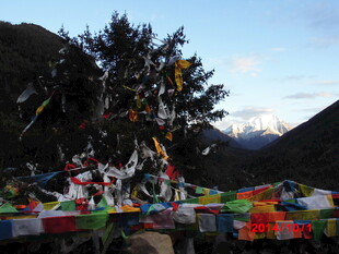 山间经幡飘扬的美丽景致