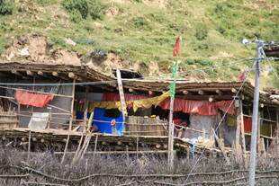 藏区传统木屋 经幡飘扬