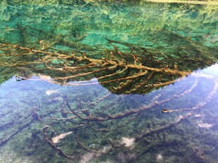 清澈湖水中的山峦倒影