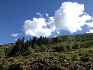 蓝天白云下的葱郁山峦
