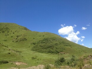 翠绿山坡与蓝天美景