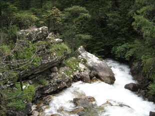 山间湍急溪流与嶙峋岩石