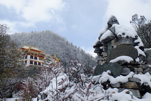 雪覆山林中的古朴建筑