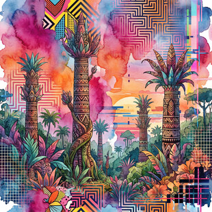 梦幻热带植物景观插画