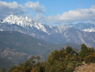 壮丽雪山与葱郁山林景观