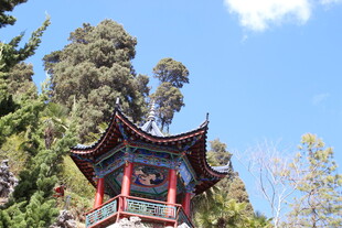 中式古亭映于绿树蓝天间