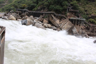 湍急河流旁的破旧桥梁