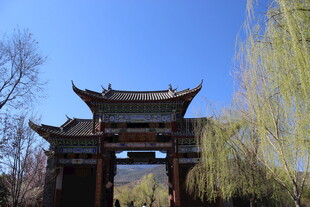 古式门楼映蓝天垂柳