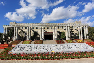 宏伟建筑前的多彩花卉景观