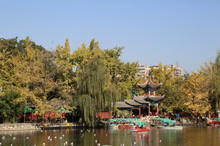 秋日湖畔游船赏景画面