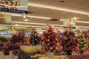 超市内色彩缤纷的鲜花陈列