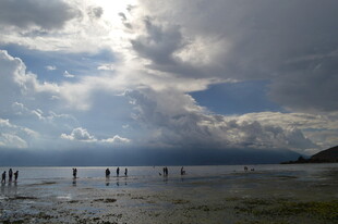 海边漫步的人群与壮丽天空