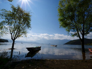 湖畔阳光小船与绿树美景
