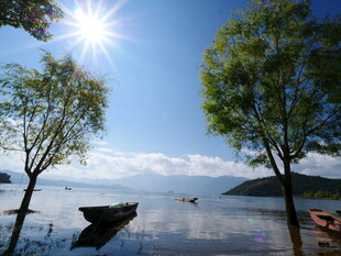 湖畔阳光小船绿树美景