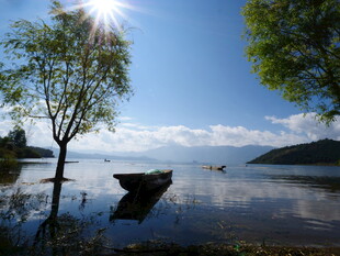 湖畔小船映蓝天绿树