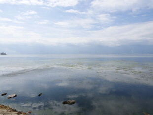 宁静湖面与蓝天白云美景