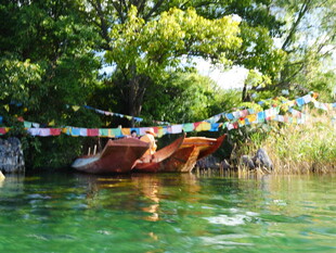 河上彩船伴绿树美景