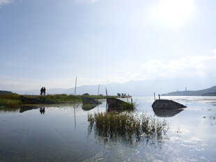 宁静湖面的孤舟与岸景