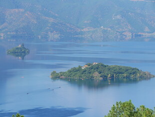 美丽湖景中的葱郁小岛