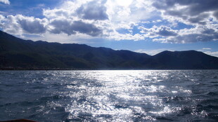 阳光照耀下的波光粼粼湖面